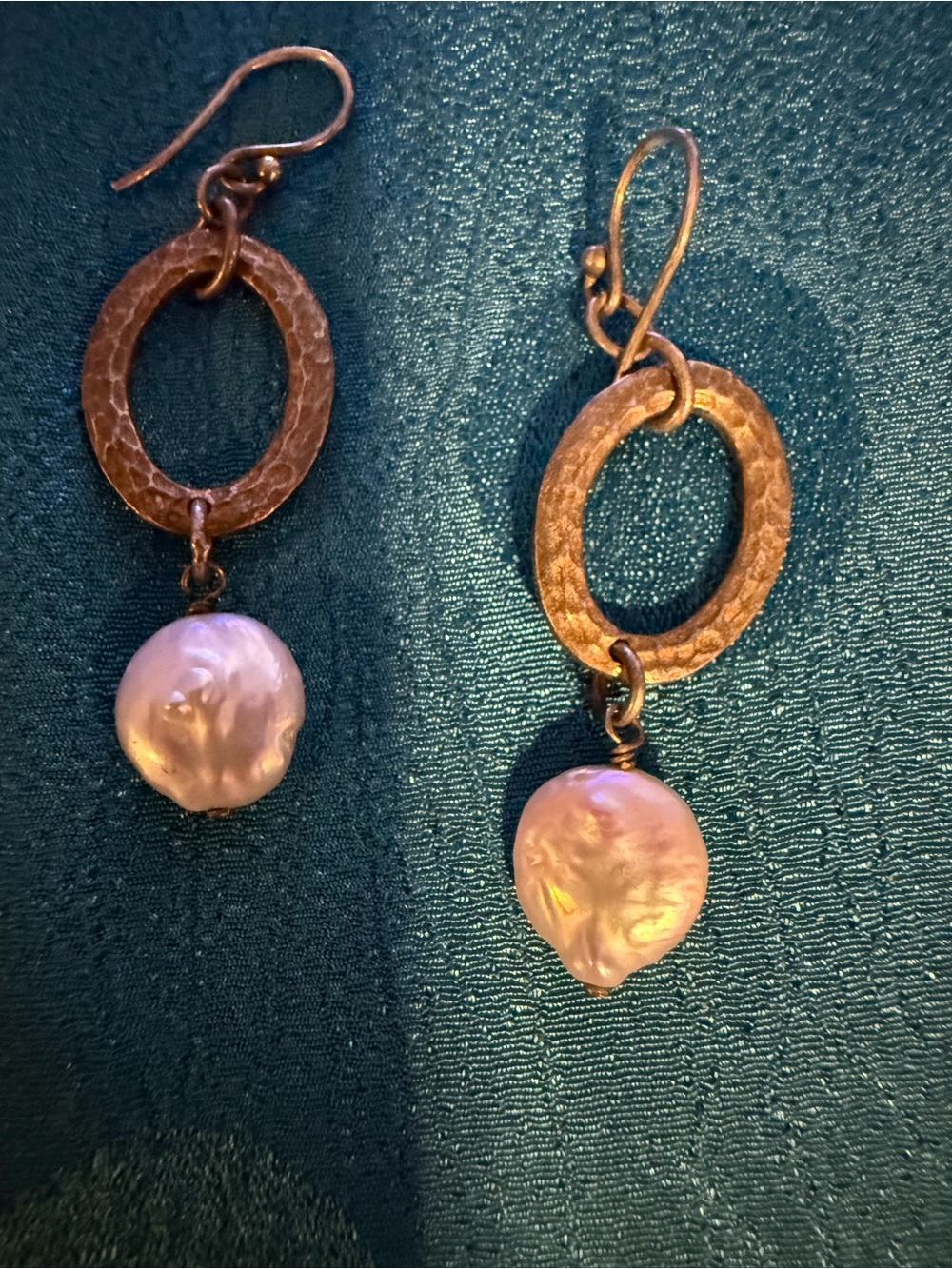 Hammered Gold Drop Earrings with white Pearl Dangles
